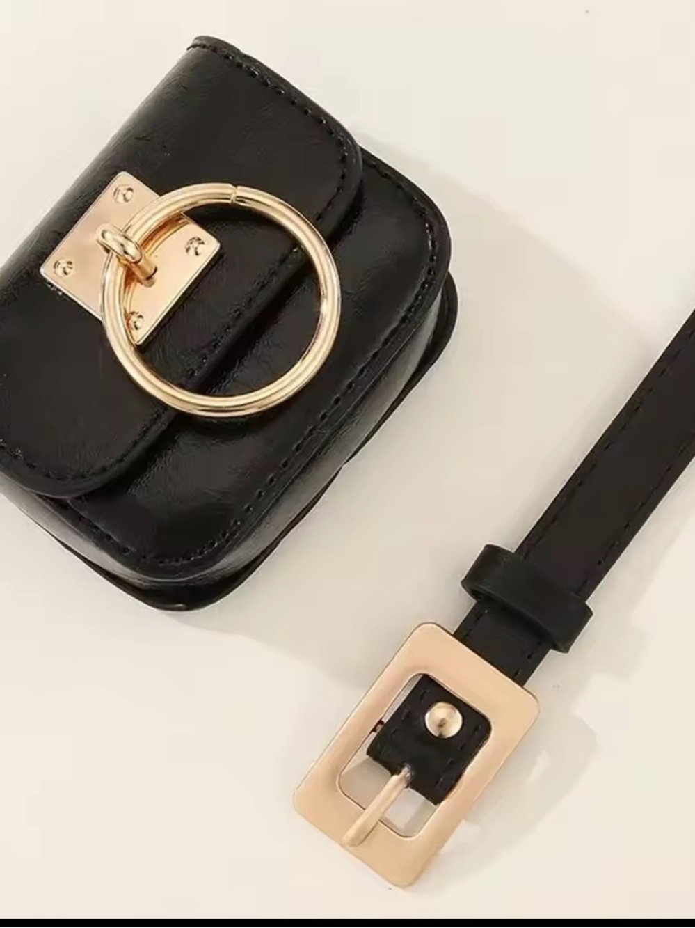 Lux mini bag Black Leather Belt Bag with Gold Ring Accent - Picture 5 of 7